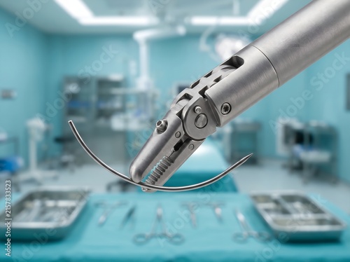 Macro photograph of sterile titanium micro articulated robotic surgical gripper tool tip holding fine needle in modern hospital clean operating room