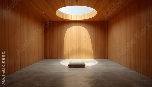 Minimalist wooden room with cushion under round skylight beam. Modern interior design, zen meditation room, and copy space concept.