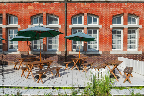 cafe patio by Western style brick building at in Mojiko Retro Town, Kitakyushu