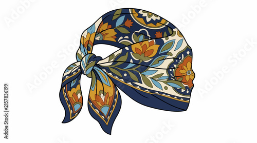 Vintage Bohemian Floral Bandana Headscarf Accessory with Navy Blue and Mustard Yellow Paisley Pattern Print