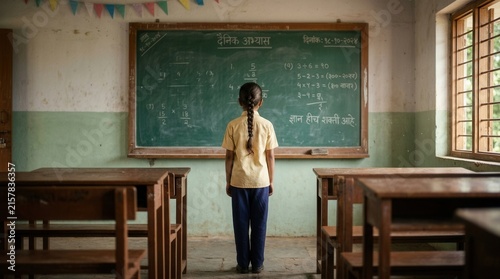 An empty classroom where an Indian schoolgirl stands alone facing the blackboard