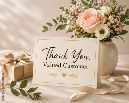 Elegant thank-you card for a valued customer with flowers, gift box, ribbon, and warm decor for business appreciation and gratitude.