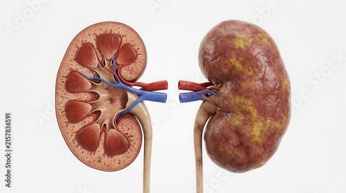 Medical illustration of organ comparison for health education featuring realistic human kidney anatomy.