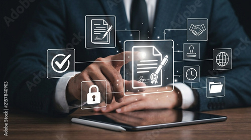 Signature and Digital Contract Approval: Businessman Touching Holographic Document Interface with Signing Icons