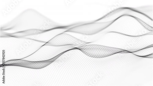 Black and white mesh waves flow over a clean bright background, forming a minimal monochrome abstract motion backdrop for technology, data and modern design, seamless 4k.