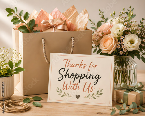 Elegant retail thank-you card with a shopping bag, wrapped gift, flowers, greenery, and warm decorations expressing appreciation to customers.