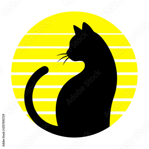 Black Cat Silhouette Sitting Against a Bright Yellow Circular Sun with Horizontal Striped Lines