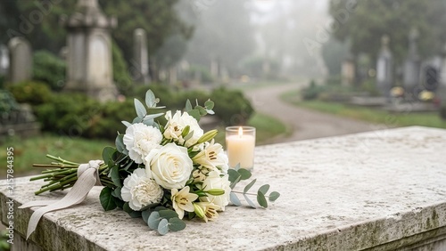 A solemn bouquet of white flowers and a lit candle placed on a gravestone in a misty cemetery.