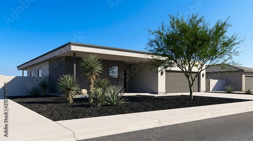 A modern luxury home with a desert-inspired arizona front yard featuring decorative black lava rocks, succulents, and a tree under a bright blue sky.