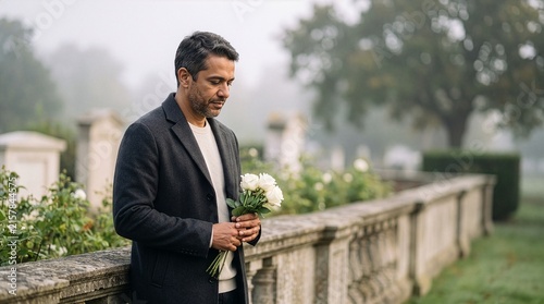 A man with a bouquet of white roses stands pensively beside a stone wall in a serene, foggy garden.