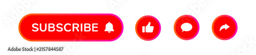 Subscribe button with like comment and share icon. Social media icons on transparent background. 