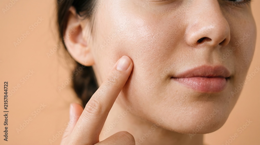 Obraz premium Woman finger pointing to enlarged pores and oily skin texture on cheek