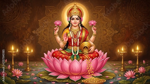 Goddess lakshmi sitting on a large pink lotus flower with gold coins falling from her hand, surrounded by oil lamps