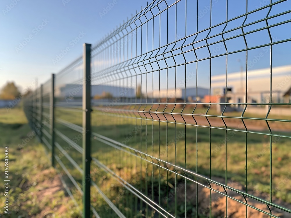 Fototapeta premium Green Welded Wire Mesh Security Fence with Posts in Outdoor Industrial Area