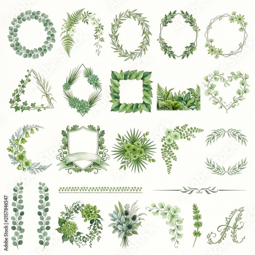 Botanical Greenery Wreaths, Floral Frames, Borders and Decorative Foliage Elements Collection