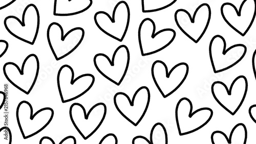 Minimalist black and white heart doodle texture for Valentine's Day designs, romantic packaging, wedding invitations, textiles, and festive wrapping paper.