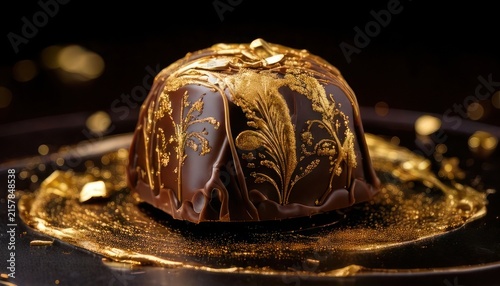 Exquisite Chocolate Truffle Adorned with Intricate Gold Leaf Designs.