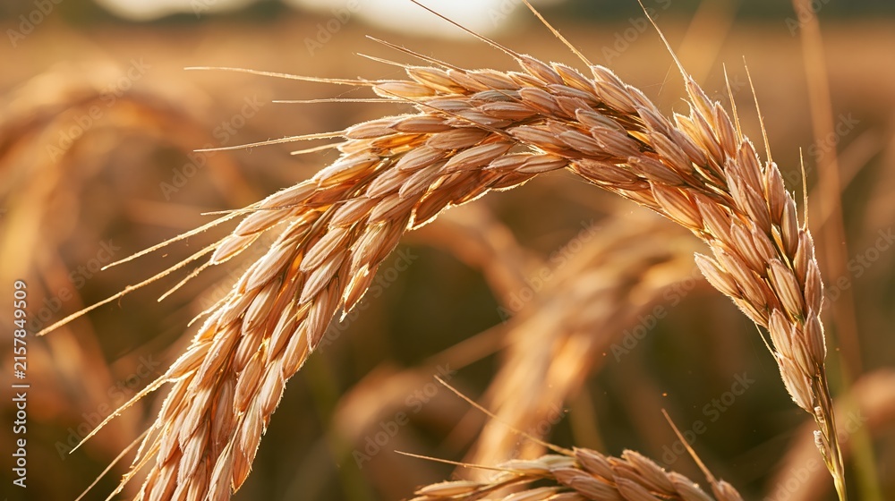Fototapeta premium Golden Wheat Field at Sunset, Close-up of Ripe Grain Stalk Illuminated by Warm Sunlight