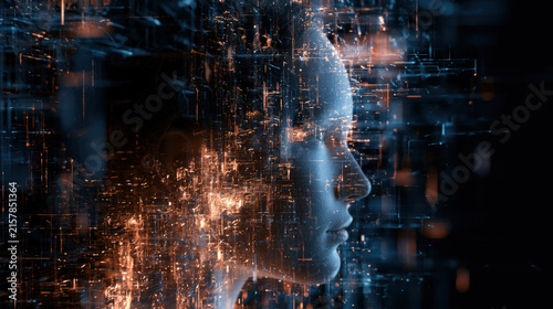 Digital neural network glow in dark futuristic cityscape with reflective wet surface