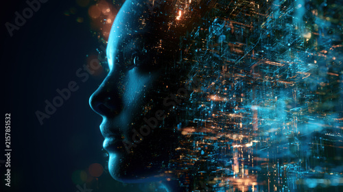 Digital human mind profile with glowing neural network and futuristic data flow visualization