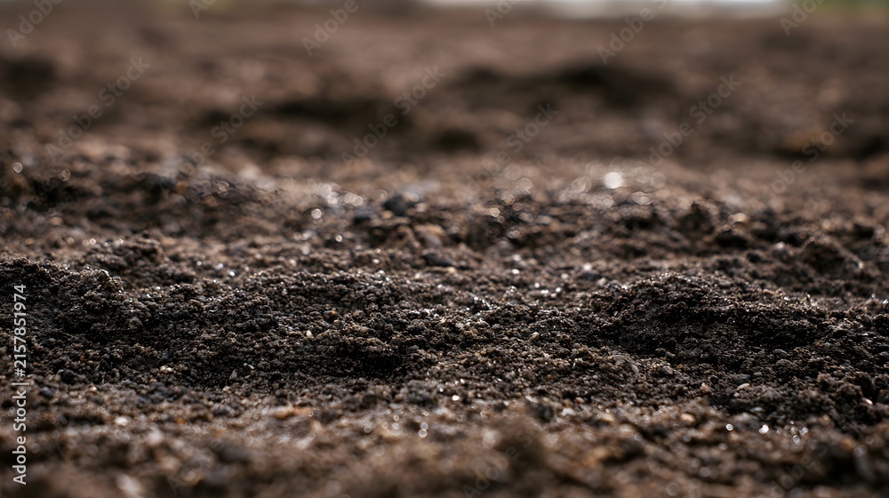 Fototapeta premium Close up of damp earth surface showing granular texture and scattered light reflections under natural lighting