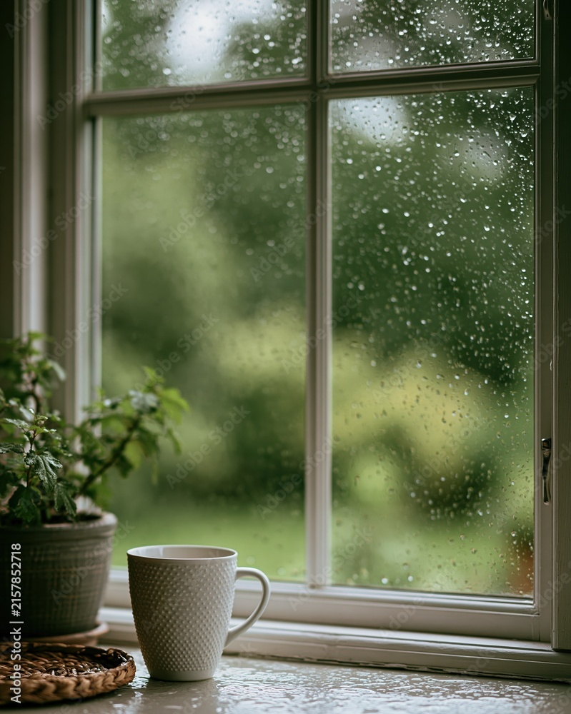 Fototapeta premium Cozy morning scene with a warm mug of coffee on a windowsill overlooking a lush green garden on a rainy day