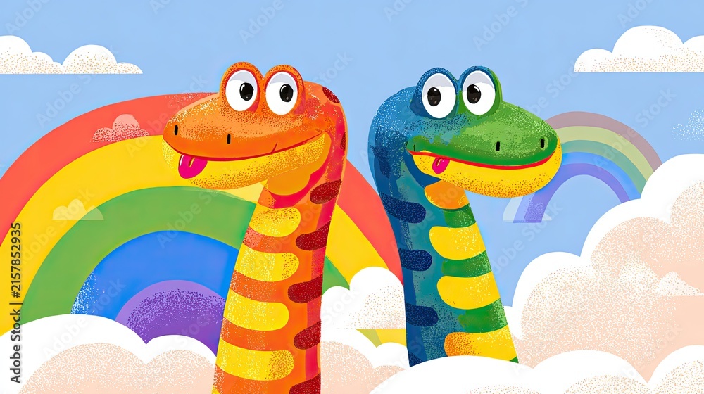 Obraz premium Colorful Snakes Surrounded by Clouds and Rainbows in a Vibrant Scene