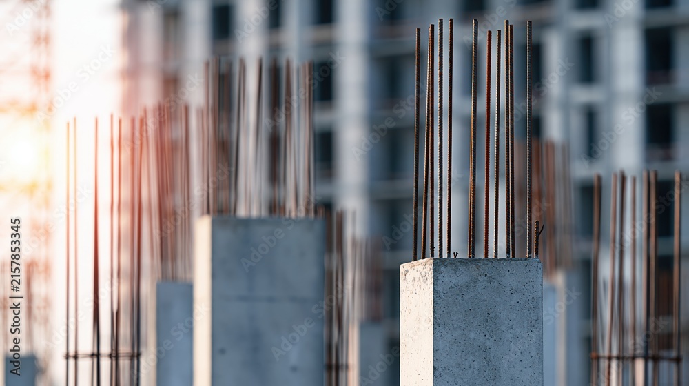 Fototapeta premium Reinforced Concrete Pillars Under Construction with Steel Rebar and Building Structure in Background