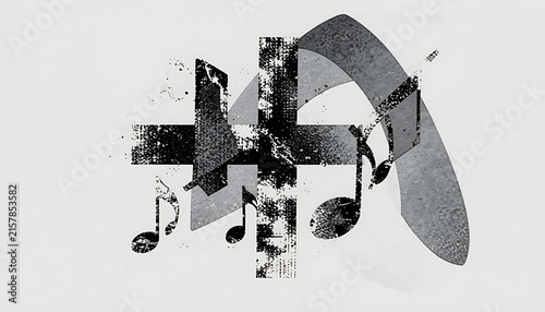 Textured cross symbol with musical staff wave on grayscale swirl art