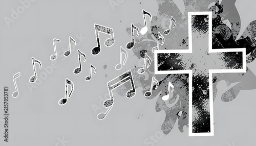 Wooden texture christian cross with flowing white musical staff