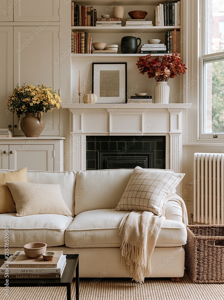 Fototapeta premium Cozy Living Room Interior with Plush Sofa, Bookshelf, and Autumnal Decor Accents