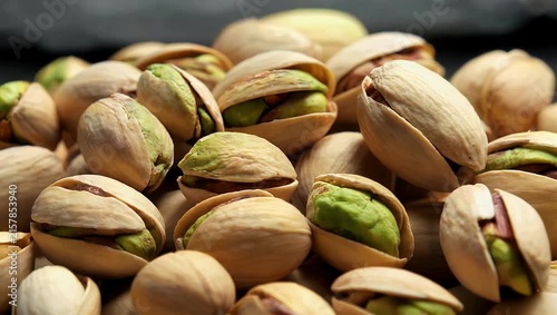 Excellent 4K stock video providing a highly detailed macro view of raw pistachio nuts clearly showcasing their characteristic light beige hard shells and the fascinating natural textures of
