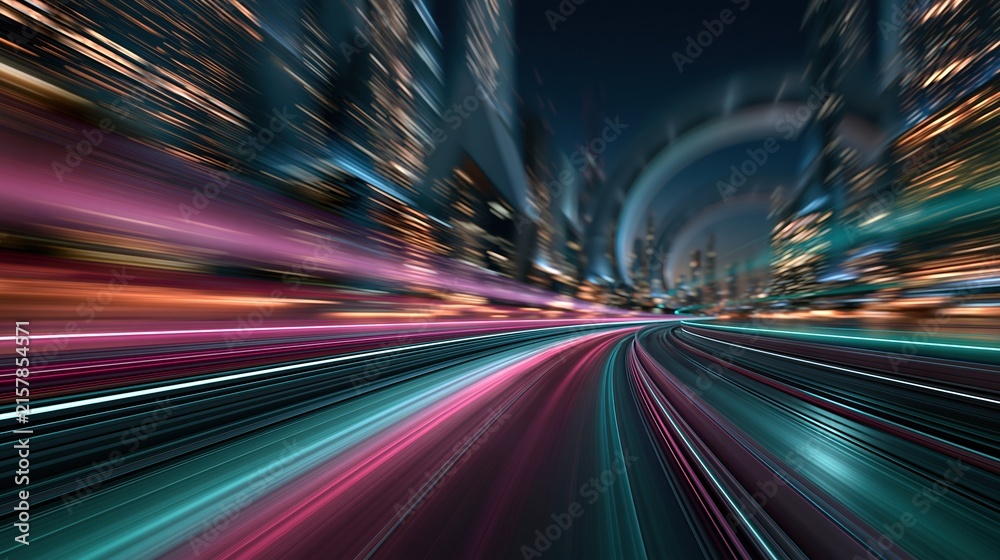 Fototapeta premium Abstract futuristic cityscape at night with colorful light streaks and motion blur effect