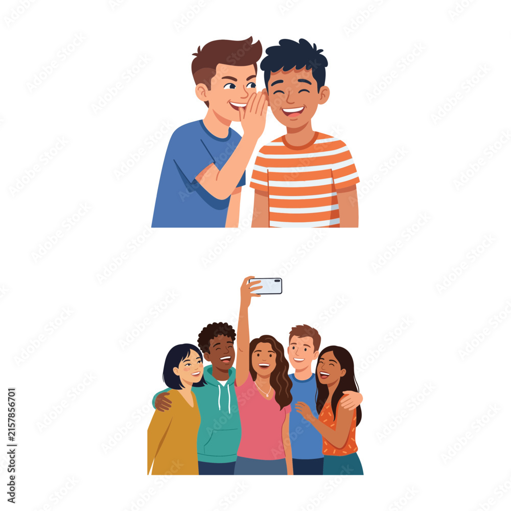 Fototapeta premium Vector illustrations of young friends sharing secrets and taking group selfie together