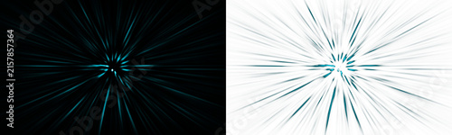 Abstract dual composition featuring a dark blue light burst on black and inverted white backgrounds for dynamic energy and speed motion concepts