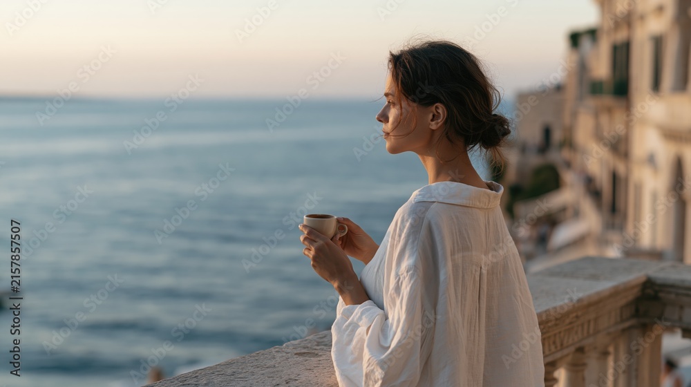 Fototapeta premium Serene Woman Enjoying Morning Coffee on a Balcony Overlooking the Ocean at Sunrise