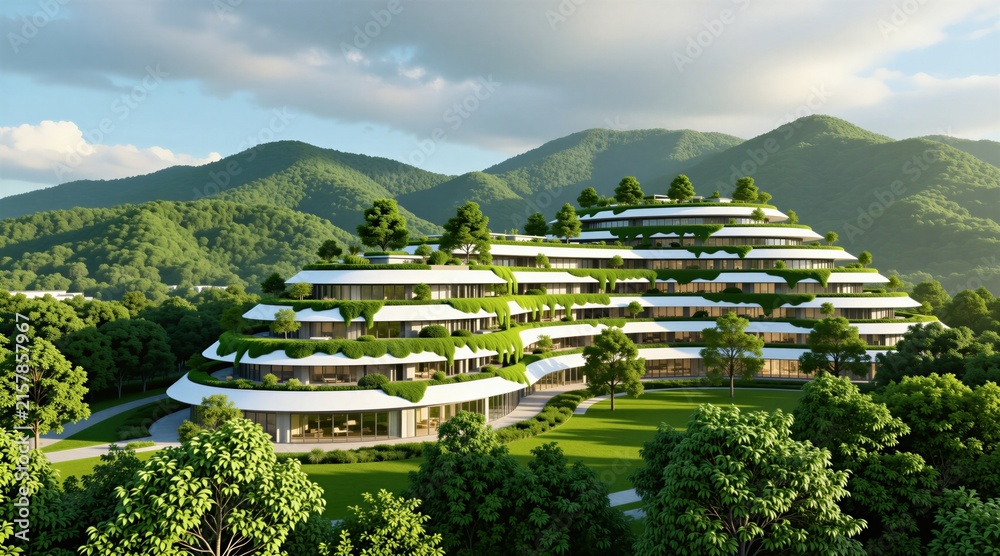 Fototapeta premium Modern eco building with green terraces, balconies in rich mountain landscape. Sustainable architectural design features white curved levels covered in plants. Luxury organic resort complex