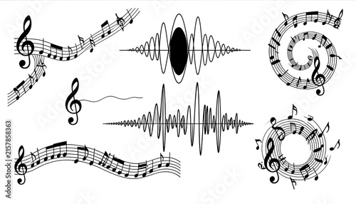 Collection of music symbols staff waves and sound equalizer vectors