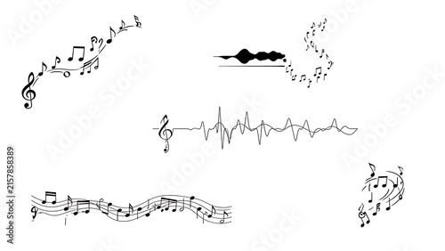 Musical notes staff and sound wave vector set isolated on white