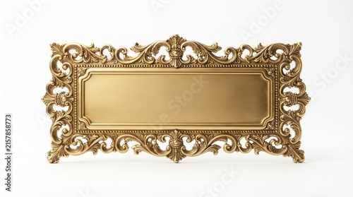 Elegant Golden Nameplate with Ornate Scrollwork Frame Isolated on White Background
