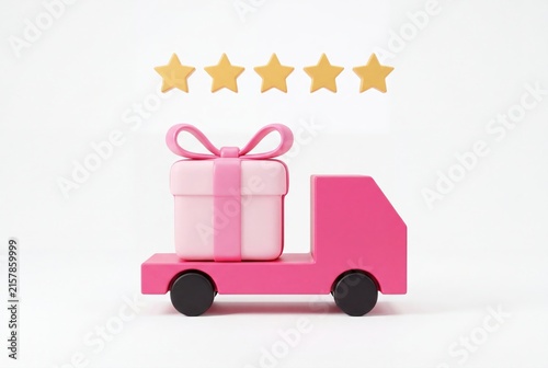 Pink toy delivery truck carrying a gift box with five star rating icon
