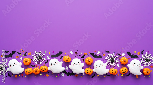 Cute halloween border with small ghosts pumpkins and spider webs on a bright purple background