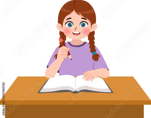 Young girl sits at wooden desk. She holds pencil. Ideal for education, study, or school scenes