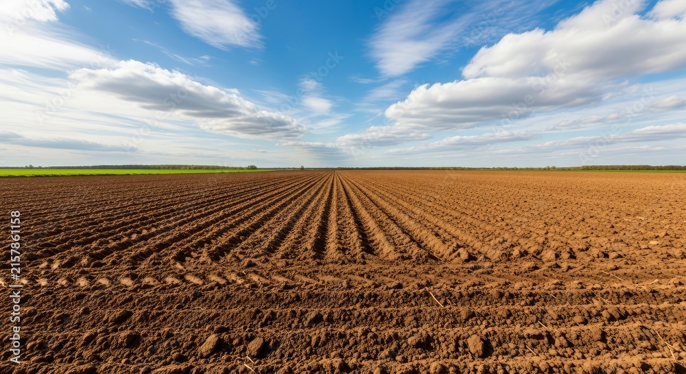 Obraz premium Freshly plowed agricultural field with symmetrical soil rows under a vibrant blue sky with clouds