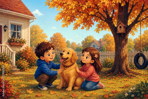 Boy girl petting golden retriever backyard autumn tree