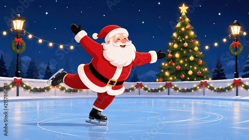 Santa claus happily ice skating christmas tree lanterns