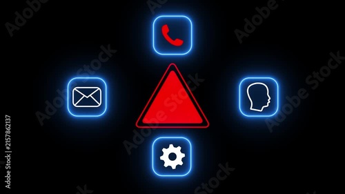 Red Warning Alert Animation with Phone Call, Email Message, User Profile and Settings Icons for Digital Communication and Security on Black Background . 4K Motion video.