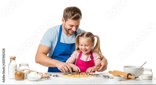 Happy father and daughter baking together in the kitchen with cookie cutters