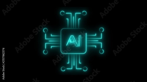 Glowing Cyan Neon AI Processor Chip Icon with Digital Circuit Paths and Artificial Intelligence Technology on Black Background . 4K Motion Graphics.