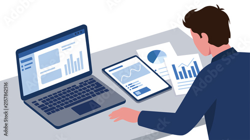 Business Analyst Analyzing Data Analytics Dashboard With Laptop, Charts and Business Intelligence Reports Isolated on PNG Background.